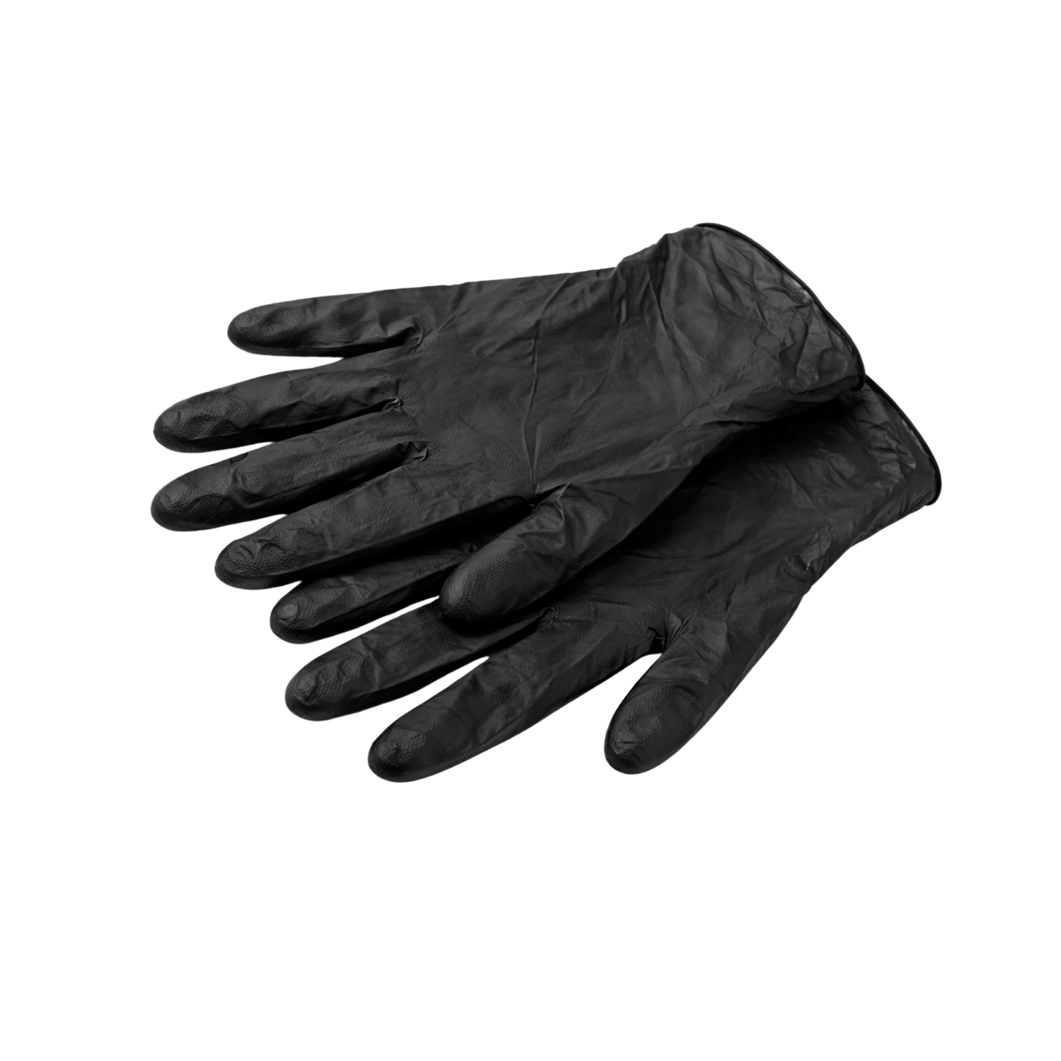Paire de gants noirs jetables posés à plat sur fond trasnparent