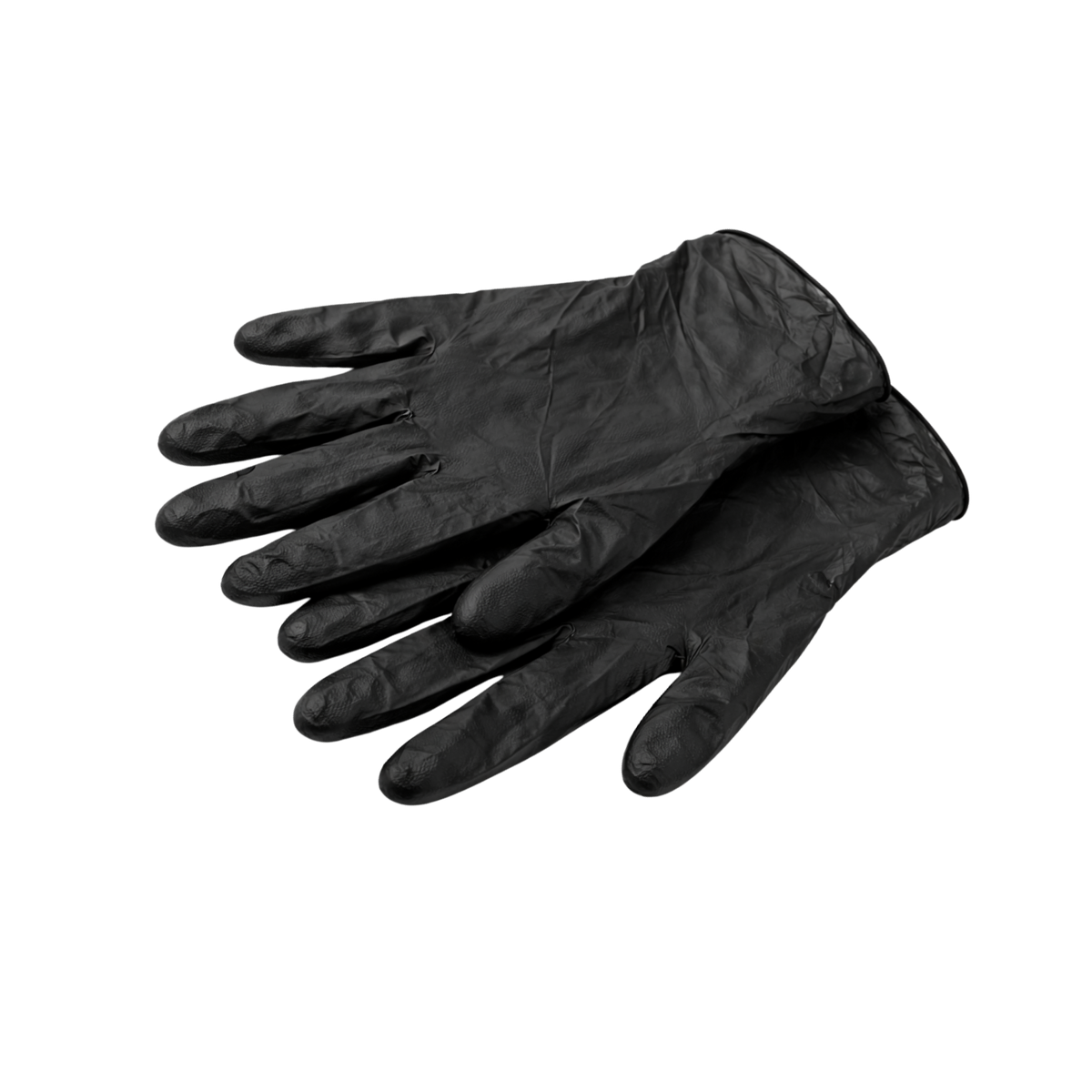 Paire de gants noirs jetables posés à plat sur fond trasnparent