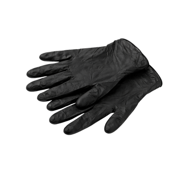 Paire de gants noirs jetables posés à plat sur fond trasnparent