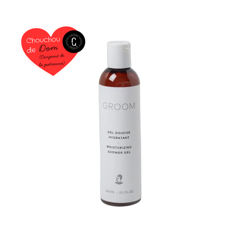 Flacon de 240 ml du Gel Douche Hydratant Groom – soin corporel naturel au jojoba, aloès et parfum cèdre-lime-eucalyptus
