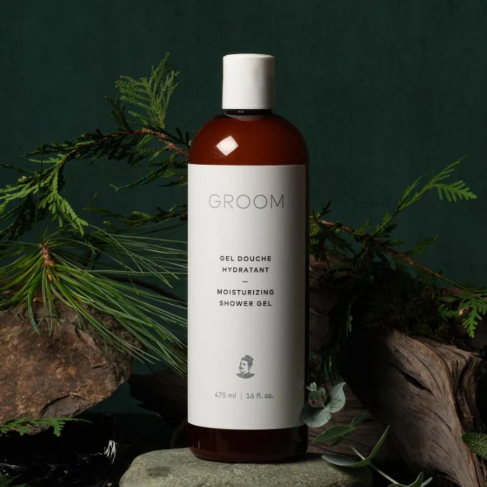 Flacon de 240 ml du Gel Douche Hydratant Groom – soin corporel naturel au jojoba, aloès et parfum cèdre-lime-eucalyptus

