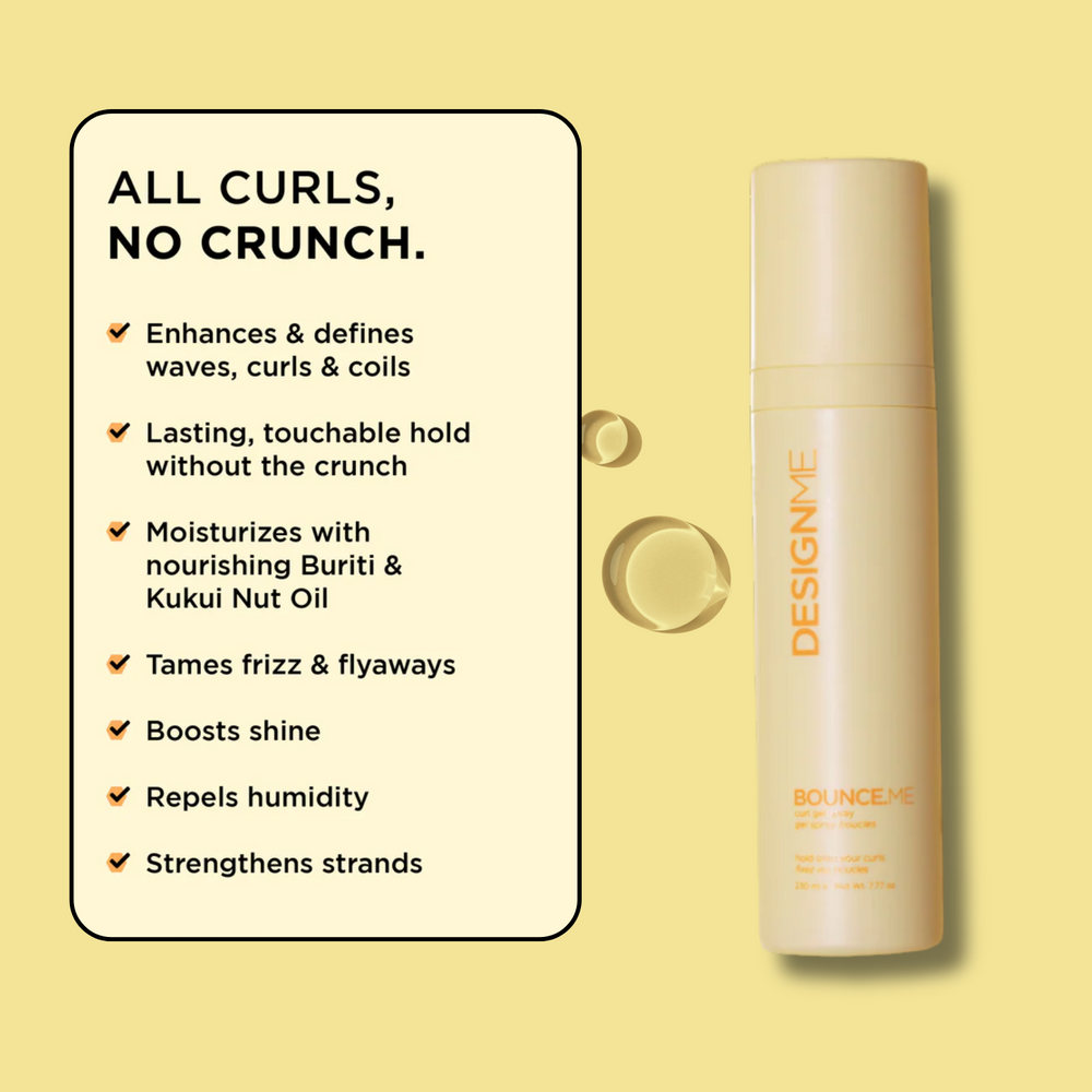 Flacon de Gel Spray Boucles Bounce.Me, formule légère pour boucles définies, souples et hydratées, avec tenue durable.