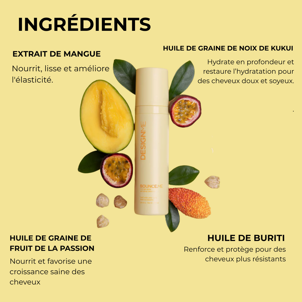 Flacon de Gel Spray Boucles Bounce.Me, formule légère pour boucles définies, souples et hydratées, avec tenue durable.