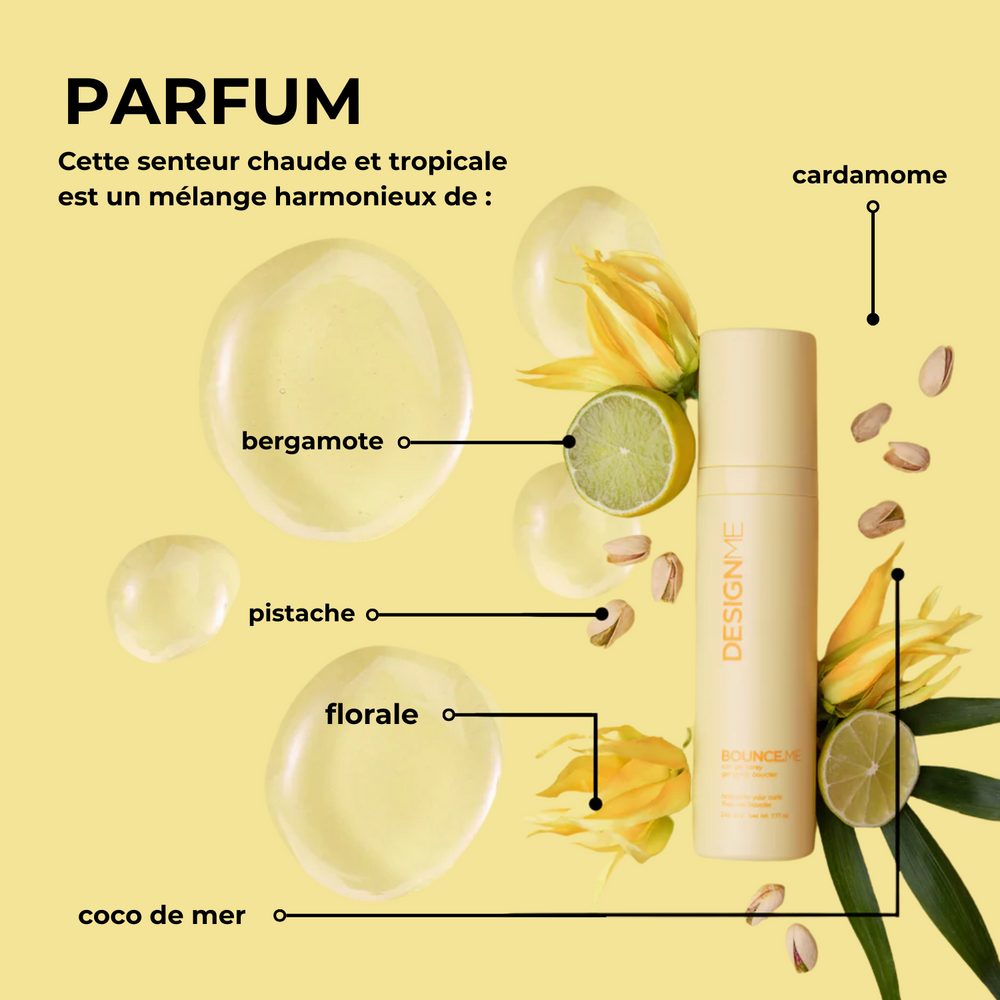 Flacon de Gel Spray Boucles Bounce.Me, formule légère pour boucles définies, souples et hydratées, avec tenue durable.