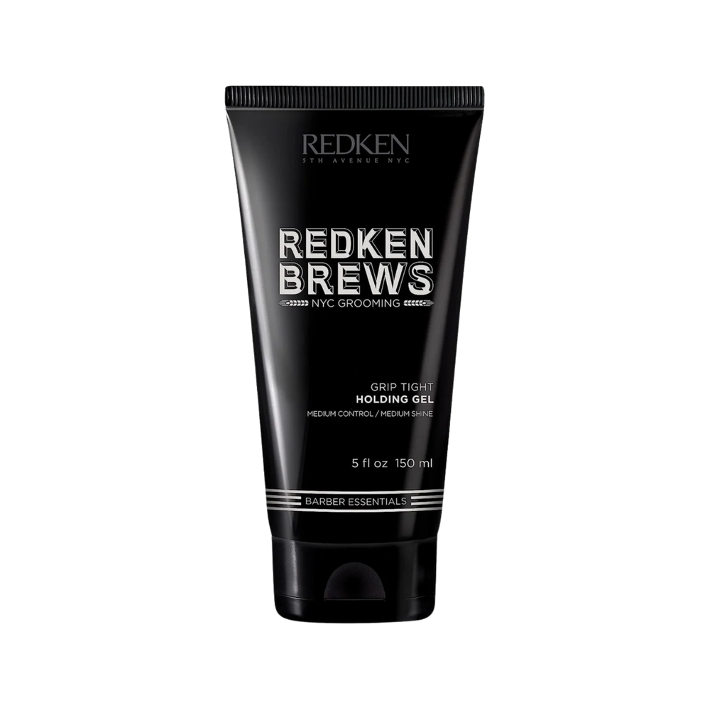Flacon de gel coiffant Redken Brews Grip Tight 150 ml, texture claire, effet brillance naturelle, tenue moyenne, cheveux bouclés contrôlés.