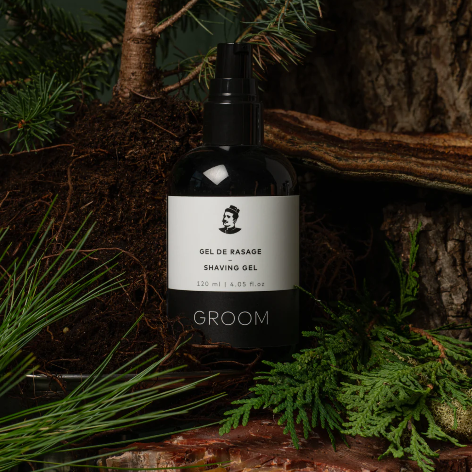 Tube 120 ml de gel de rasage Groom – transparent, glisse fluide, aloès et orge, parfum pin-sauge-genévrier

