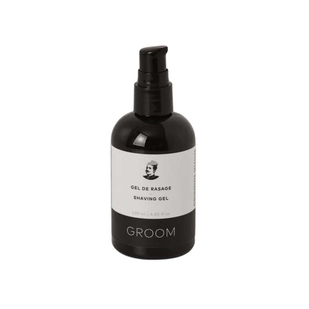 Tube 120 ml de gel de rasage Groom – transparent, glisse fluide, aloès et orge, parfum pin-sauge-genévrier

