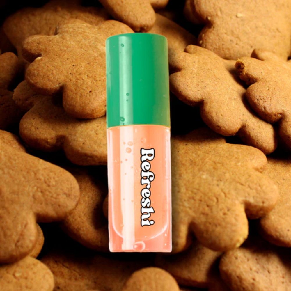 Tube 5 ml Gingerbread Lip Oil Refreshi, bulles visibles, texture brillante, enrichi en huiles de ricin et abricot


