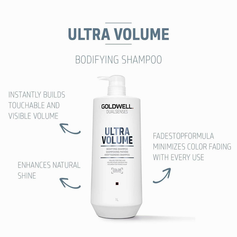 Bouteille de 1 L Goldwell Dualsenses Ultra Volume Bodifying Shampoo, formule volumisante légère pour cheveux fins