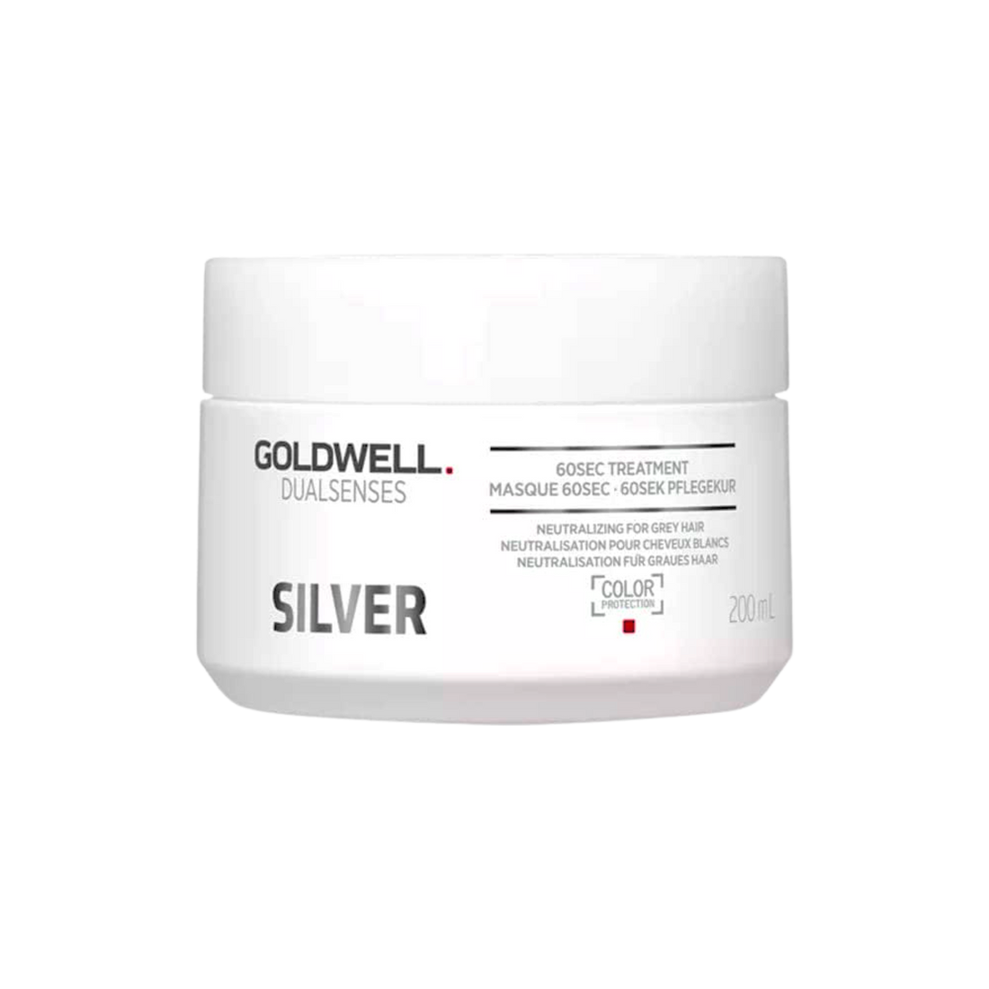 Pot du masque Goldwell Dualsenses Silver 60 sec 200 ml, traitement express pour neutraliser le jaune, brillance froide