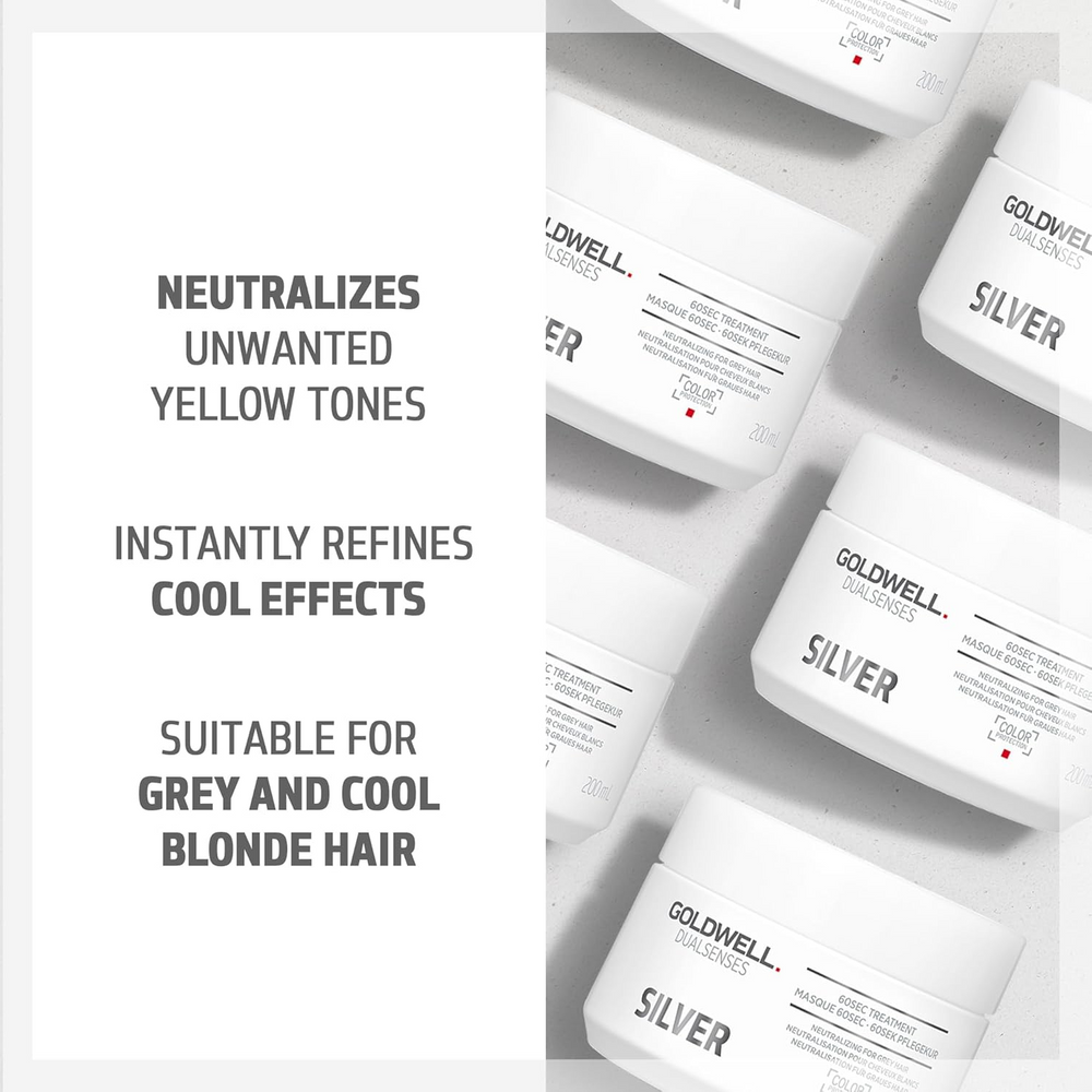 Pot du masque Goldwell Dualsenses Silver 60 sec 200 ml, traitement express pour neutraliser le jaune, brillance froide