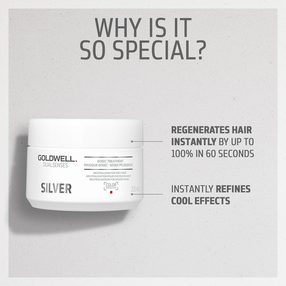 Pot du masque Goldwell Dualsenses Silver 60 sec 200 ml, traitement express pour neutraliser le jaune, brillance froide