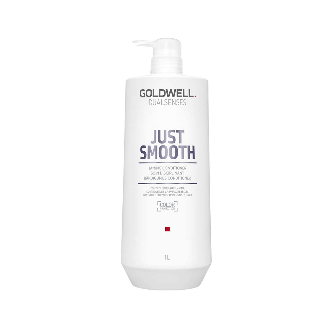 Flacon de 1000 ml du revitalisant Goldwell Dualsenses Just Smooth Taming Conditioner pour cheveux indisciplinés