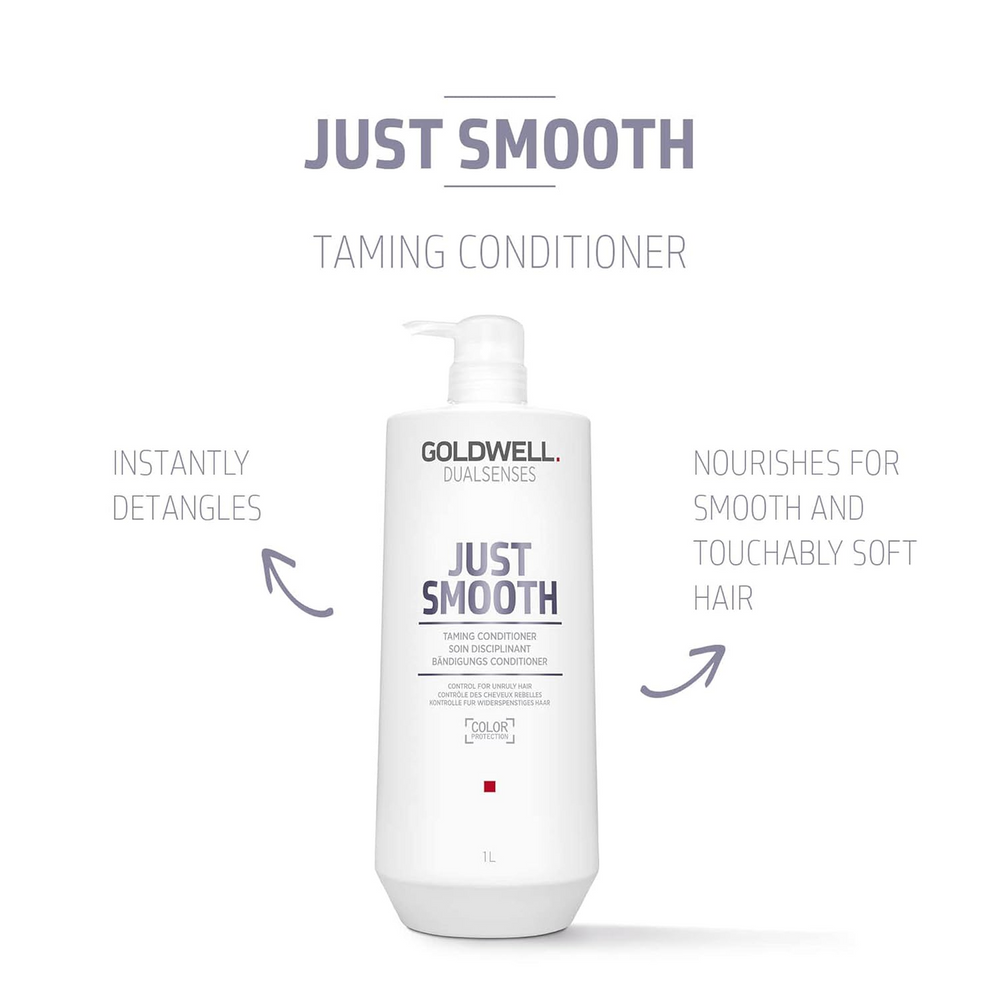 Flacon de 1000 ml du revitalisant Goldwell Dualsenses Just Smooth Taming Conditioner pour cheveux indisciplinés