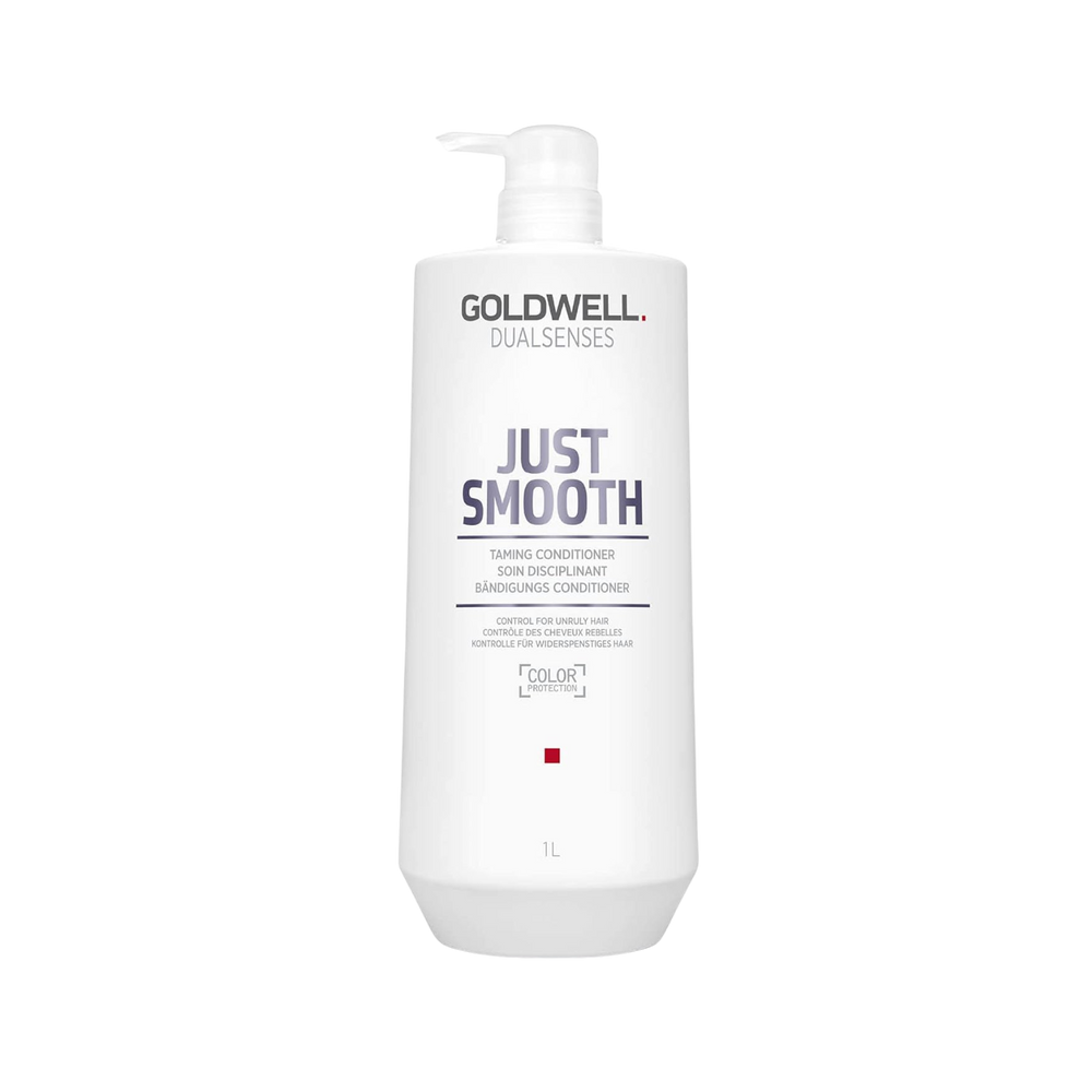 Flacon de 1000 ml du revitalisant Goldwell Dualsenses Just Smooth Taming Conditioner pour cheveux indisciplinés