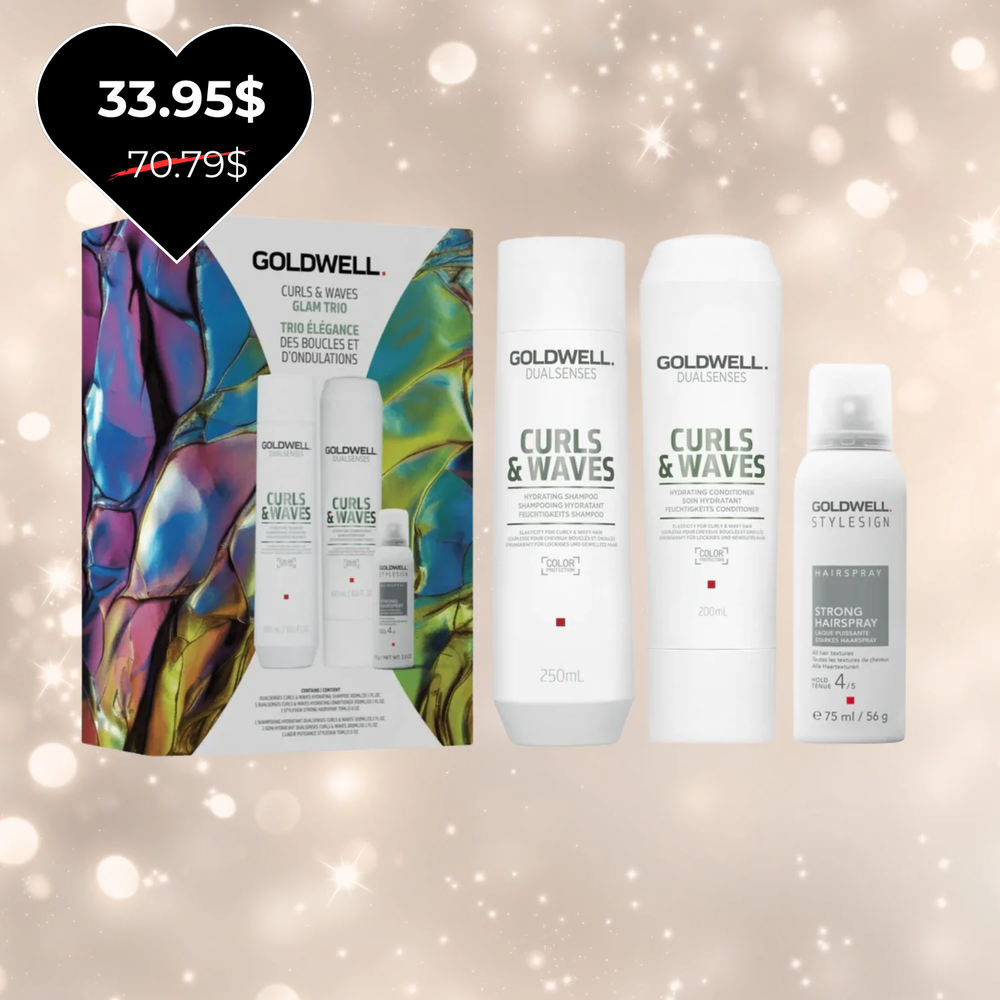 Trio Goldwell Curl & Waves 2025 — bouteilles shampooing, après-shampooing et sérum boucles