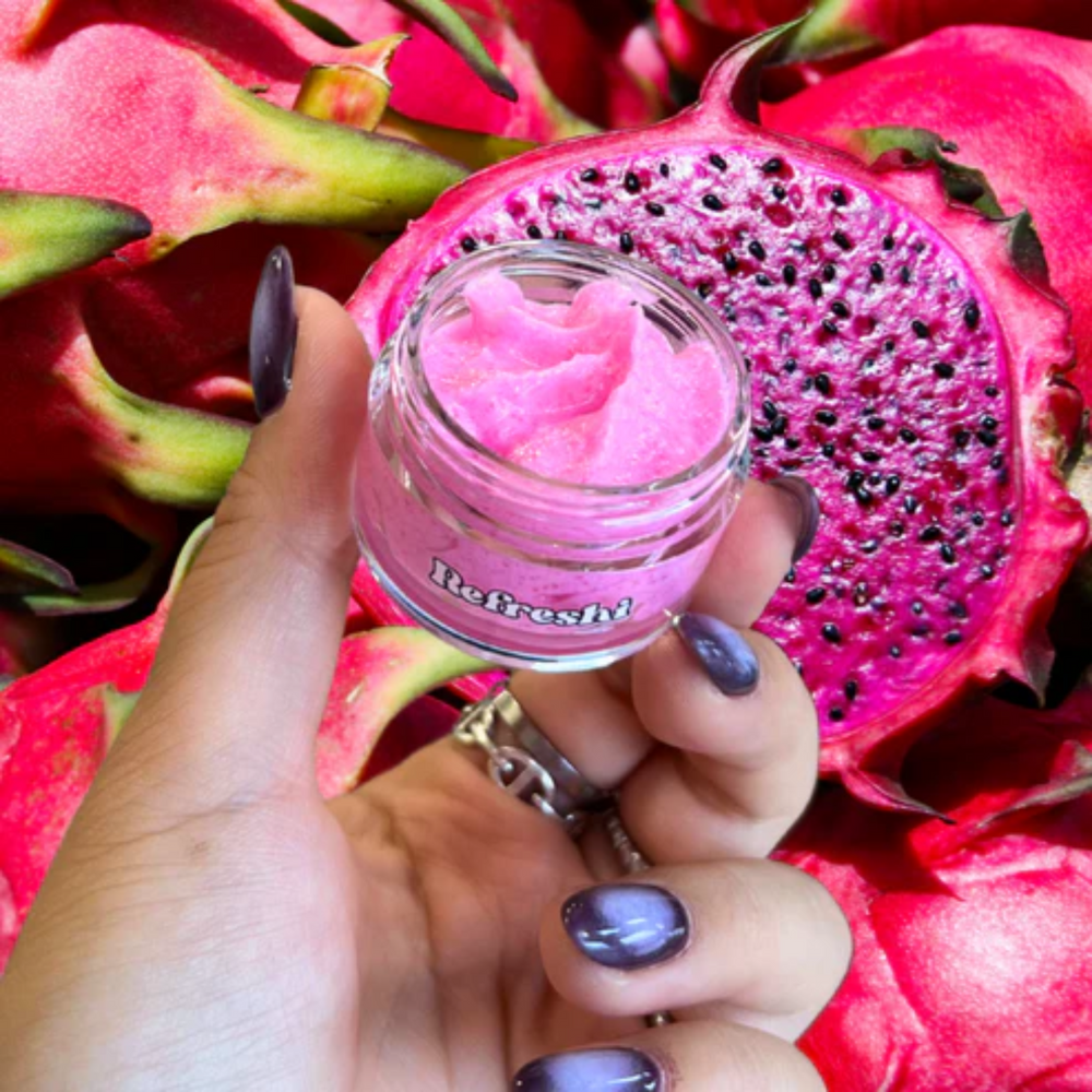 Pot de gommage lèvres Mango Dragon Fruit Refreshi, texture sucre fondant, parfum tropical

