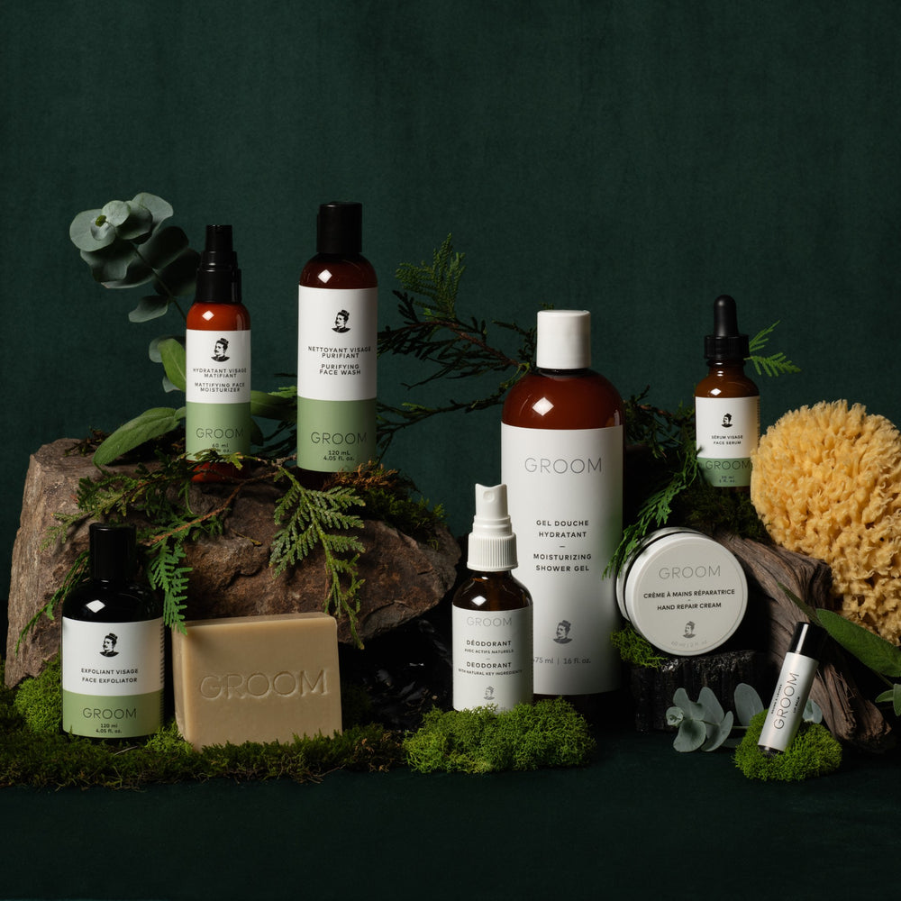 Gamme de soins Groom : huiles, savon, baume barbe, cire coiffante pour homme