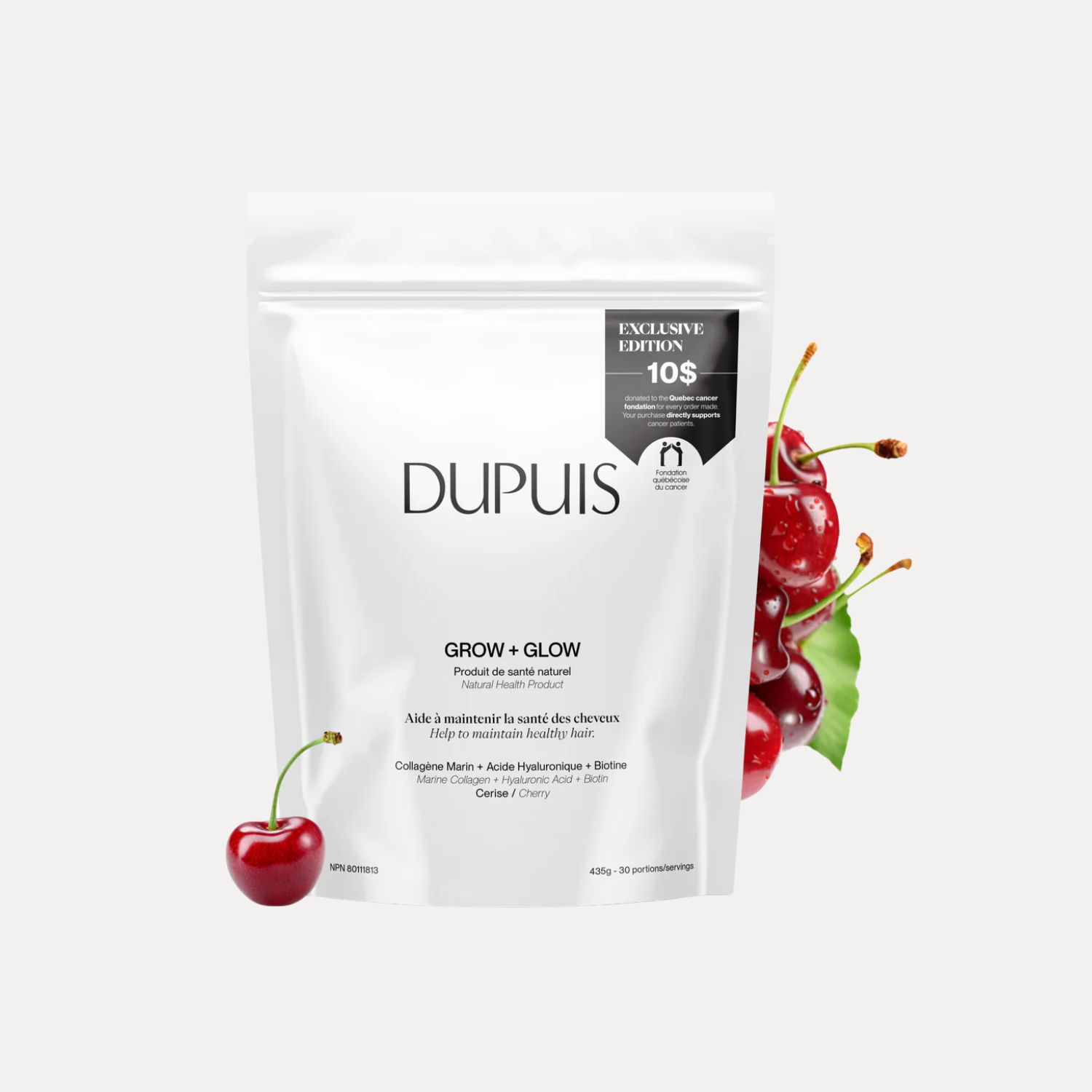 Complément alimentaire Grow & Glow Cerise édition limitée collagène cheveux peau ongles Dupuis