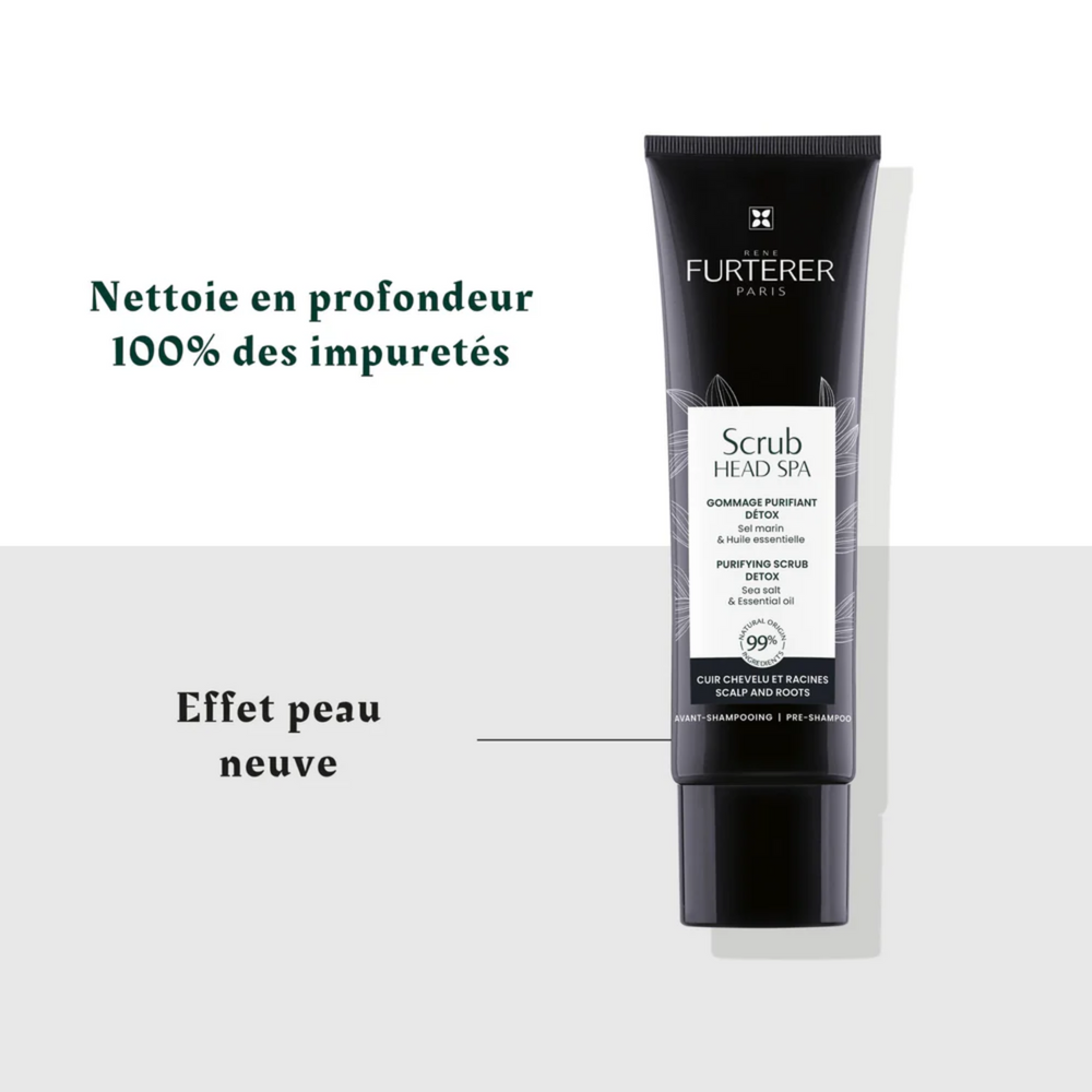 Flacon Head Spa Gommage purifiant détox René Furterer 150 ml, exfoliant cuir chevelu, aloe vera, sel marin, charbon

