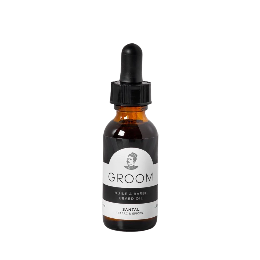 Flacon d’huile à barbe Groom – contenant simple avec logo, versions 30 ml/60 ml, huiles végétales nourrissantes, parfum signature

