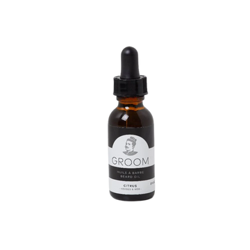 Flacon d’huile à barbe Groom – contenant simple avec logo, versions 30 ml/60 ml, huiles végétales nourrissantes, parfum signature

