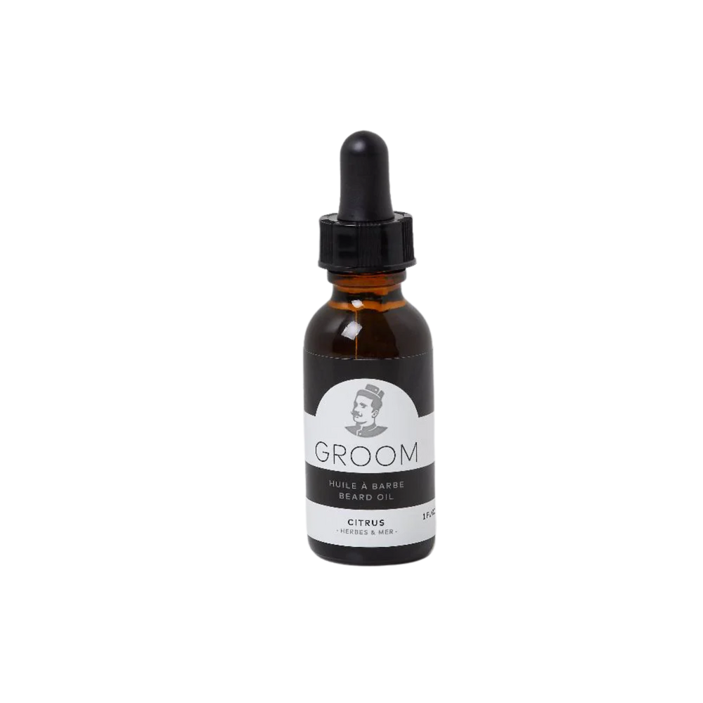 Flacon d’huile à barbe Groom – contenant simple avec logo, versions 30 ml/60 ml, huiles végétales nourrissantes, parfum signature

