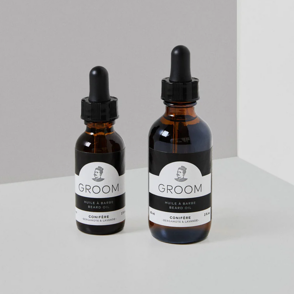 Flacon d’huile à barbe Groom – contenant simple avec logo, versions 30 ml/60 ml, huiles végétales nourrissantes, parfum signature

