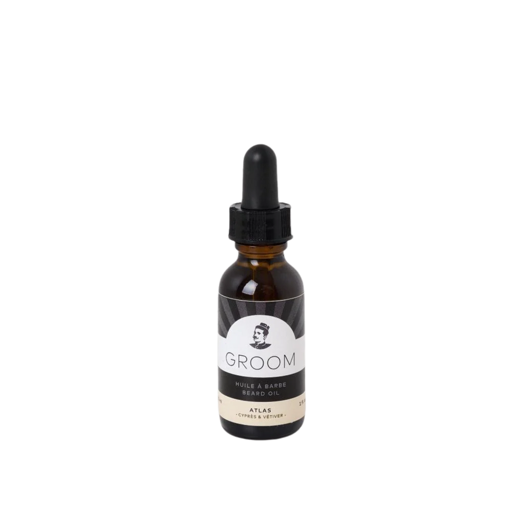 Flacon d’huile à barbe Groom – contenant simple avec logo, versions 30 ml/60 ml, huiles végétales nourrissantes, parfum signature

