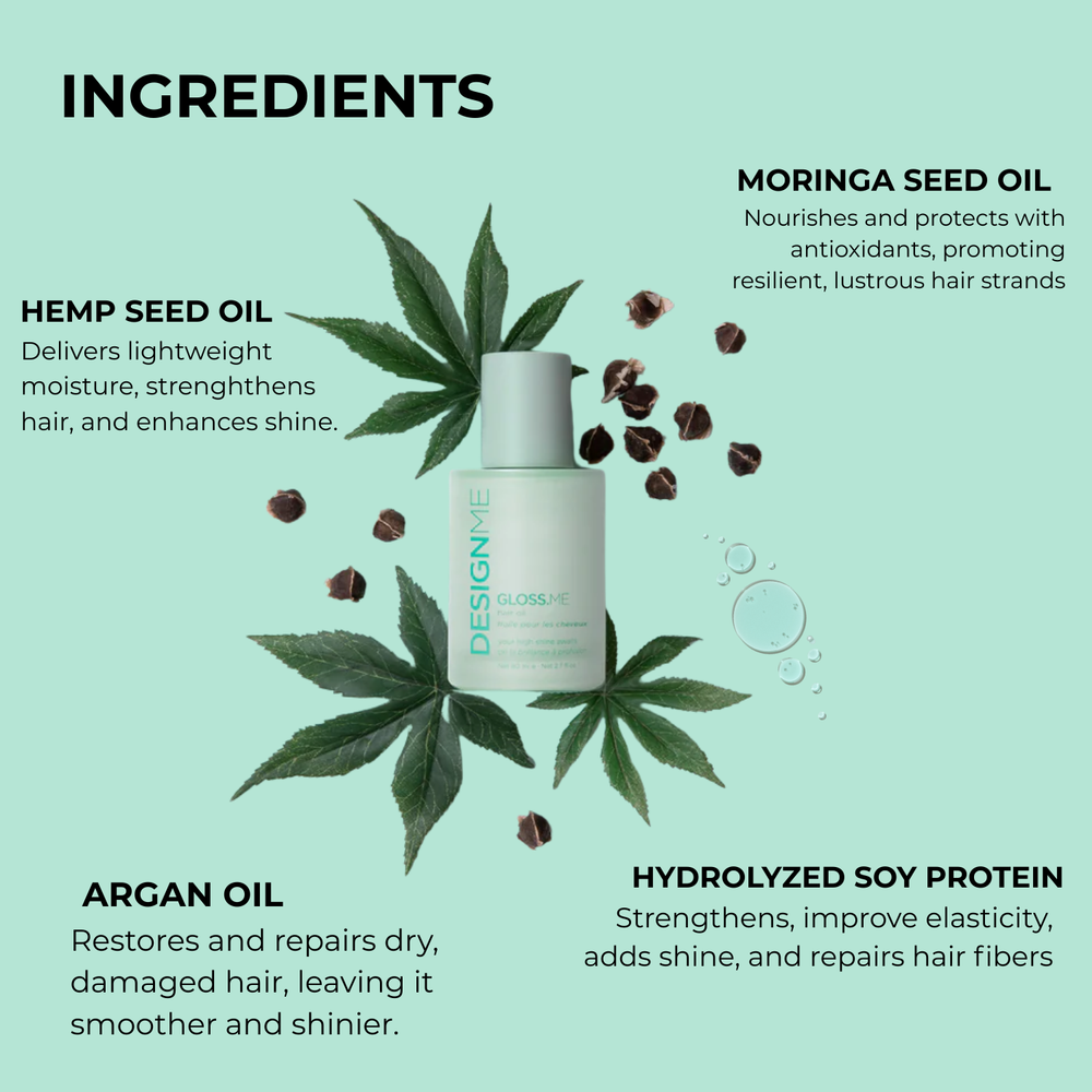 Bouteille élégante de l’huile Gloss.Me de Design.Me, formule légère qui nourrit, lisse et apporte brillance et éclat aux cheveux sans les alourdir.