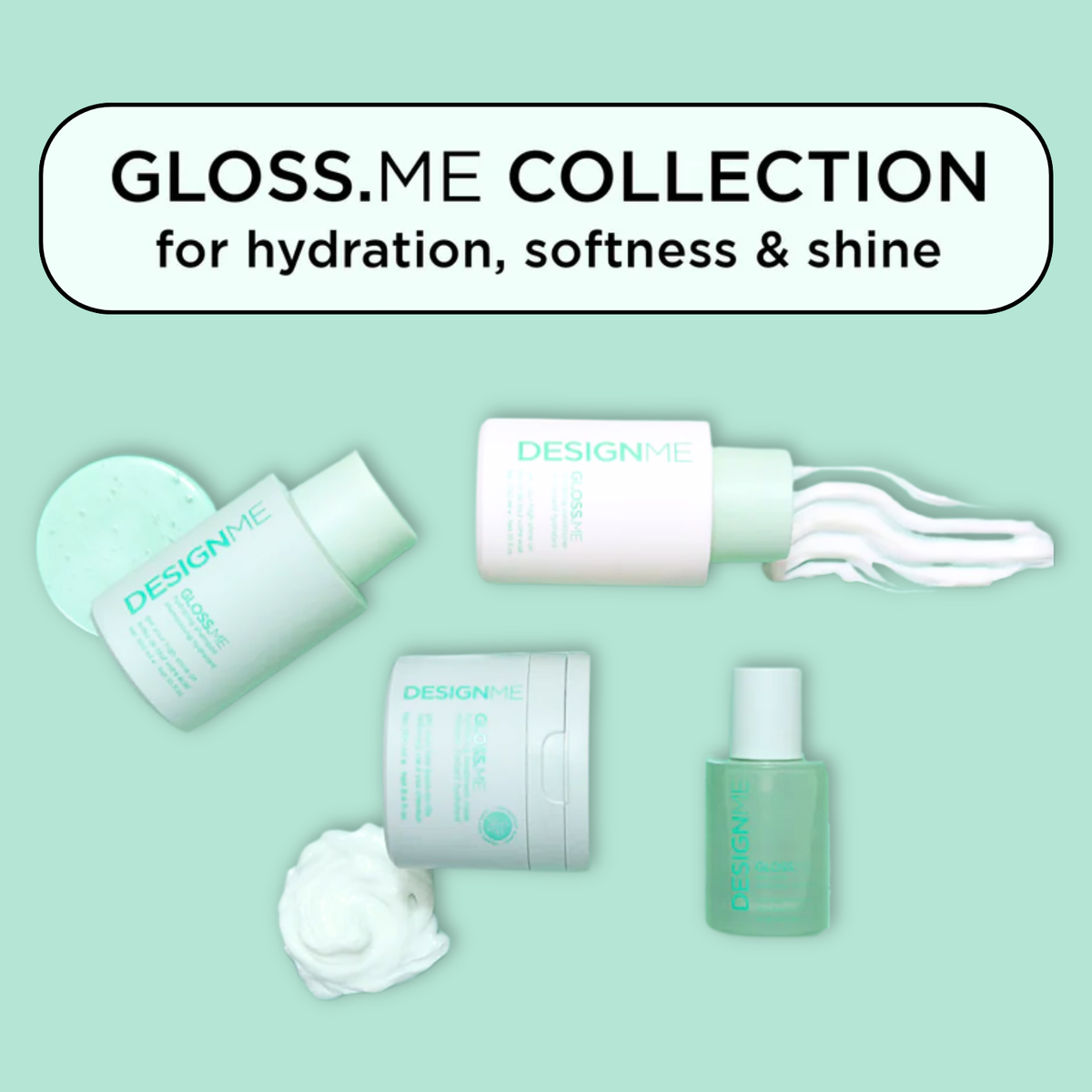 Bouteille élégante de l’huile Gloss.Me de Design.Me, formule légère qui nourrit, lisse et apporte brillance et éclat aux cheveux sans les alourdir.