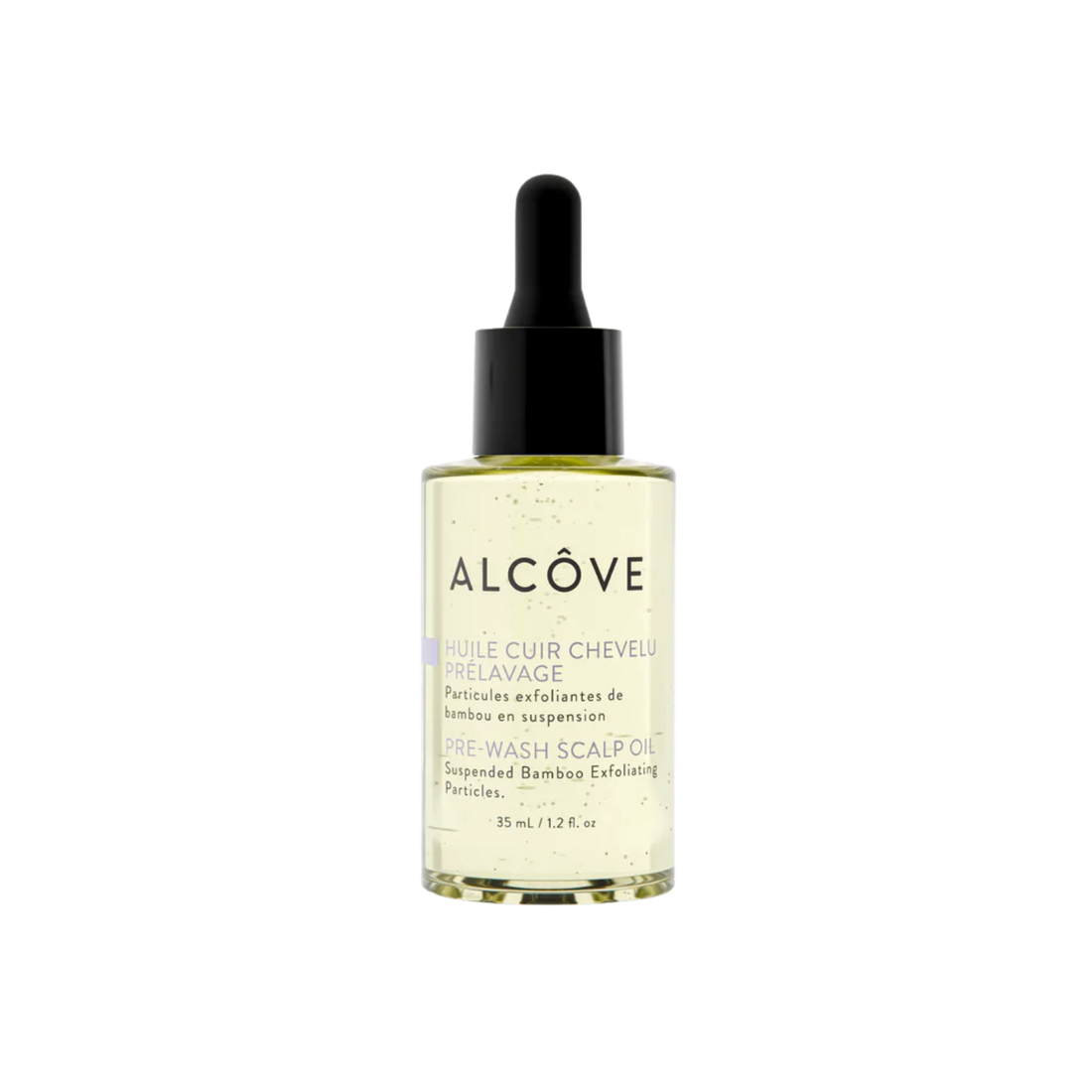 “Flacon 35 ml de l’huile prélavage cuir chevelu Alcôve sur fond neutre”