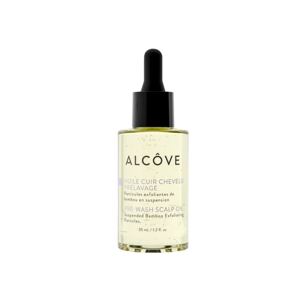 “Flacon 35 ml de l’huile prélavage cuir chevelu Alcôve sur fond neutre”