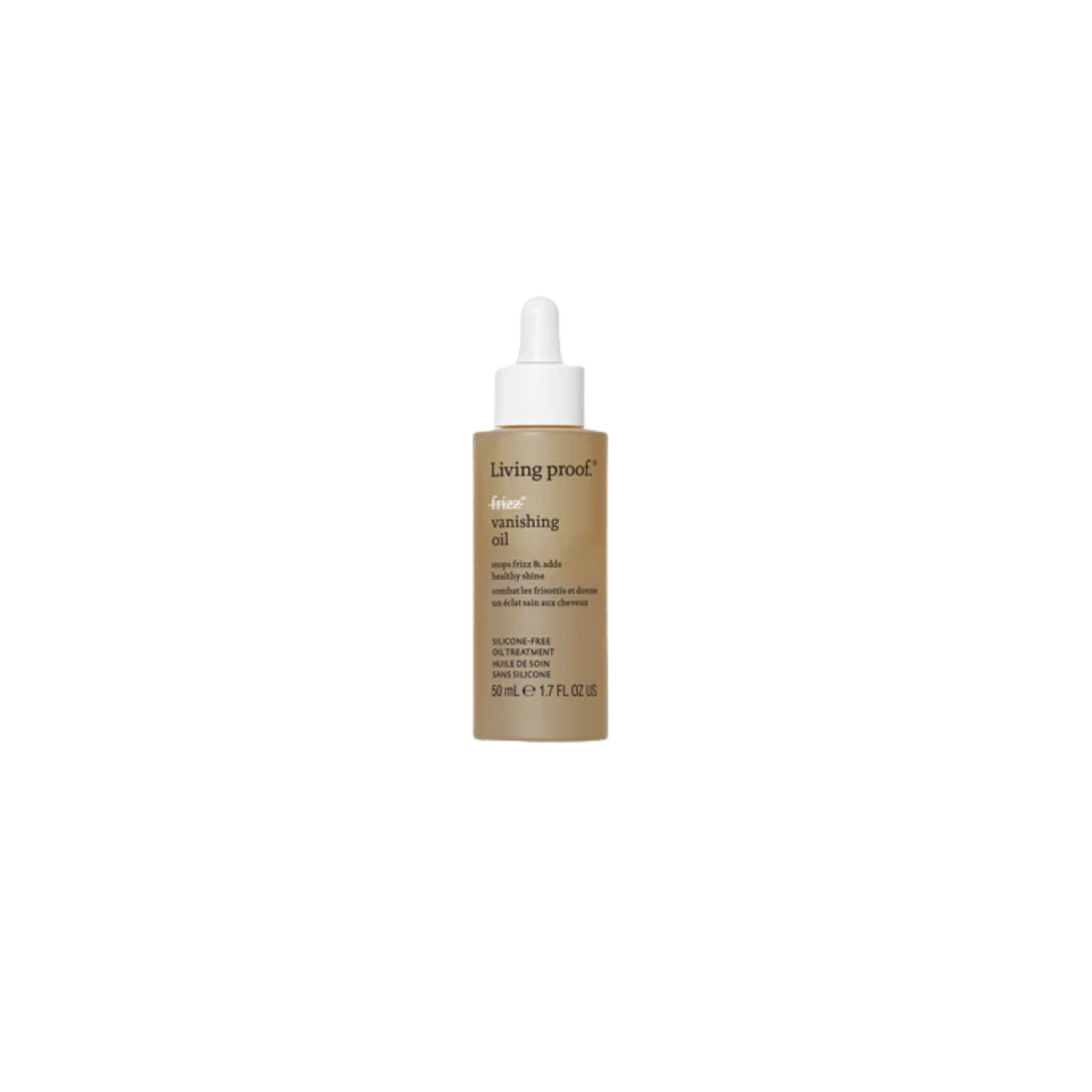 Flacon beige de l’huile No Frizz Vanishing Oil par Living Proof avec pipette, posé sur fond clair, évoquant légèreté, brillance et finesse capillaire.

