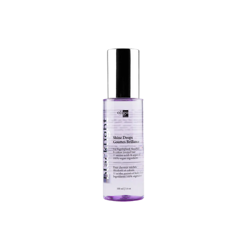 “Flacon Oligo Blacklight Shine Drops – huile capillaire éclat végan”