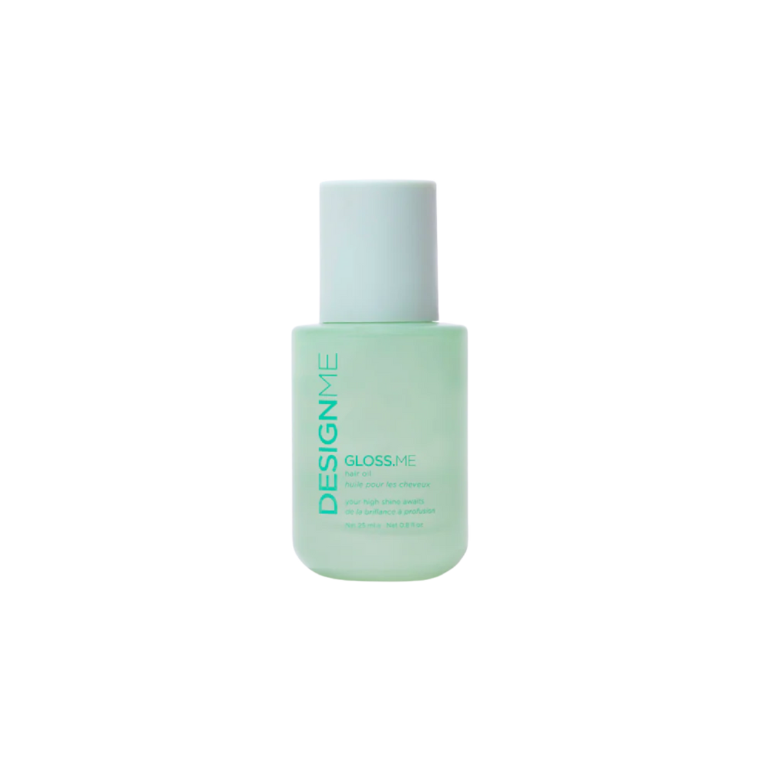 Bouteille élégante de l’huile Gloss.Me de Design.Me, formule légère qui nourrit, lisse et apporte brillance et éclat aux cheveux sans les alourdir.