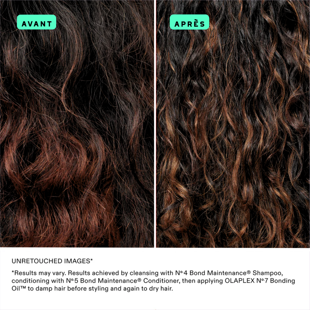 Flacon de l’huile coiffante Olaplex N° 7 Bonding Oil posé sur fond neutre