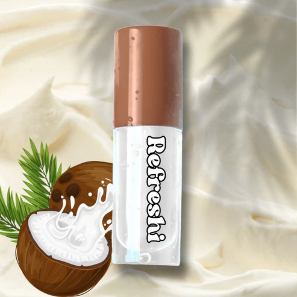 Tube d’huile à lèvres Crème de Coco Refreshi sur fond crémeux, fini glossy gourmand

