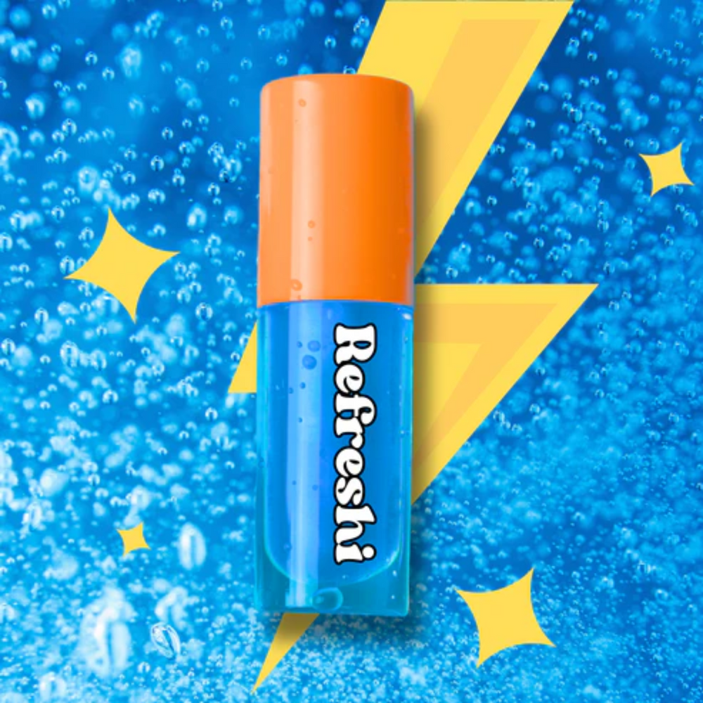 Tube d’huile à lèvres Energy Drink Refreshi, fini glossy léger sur fond dynamique évoquant une boisson énergétique

