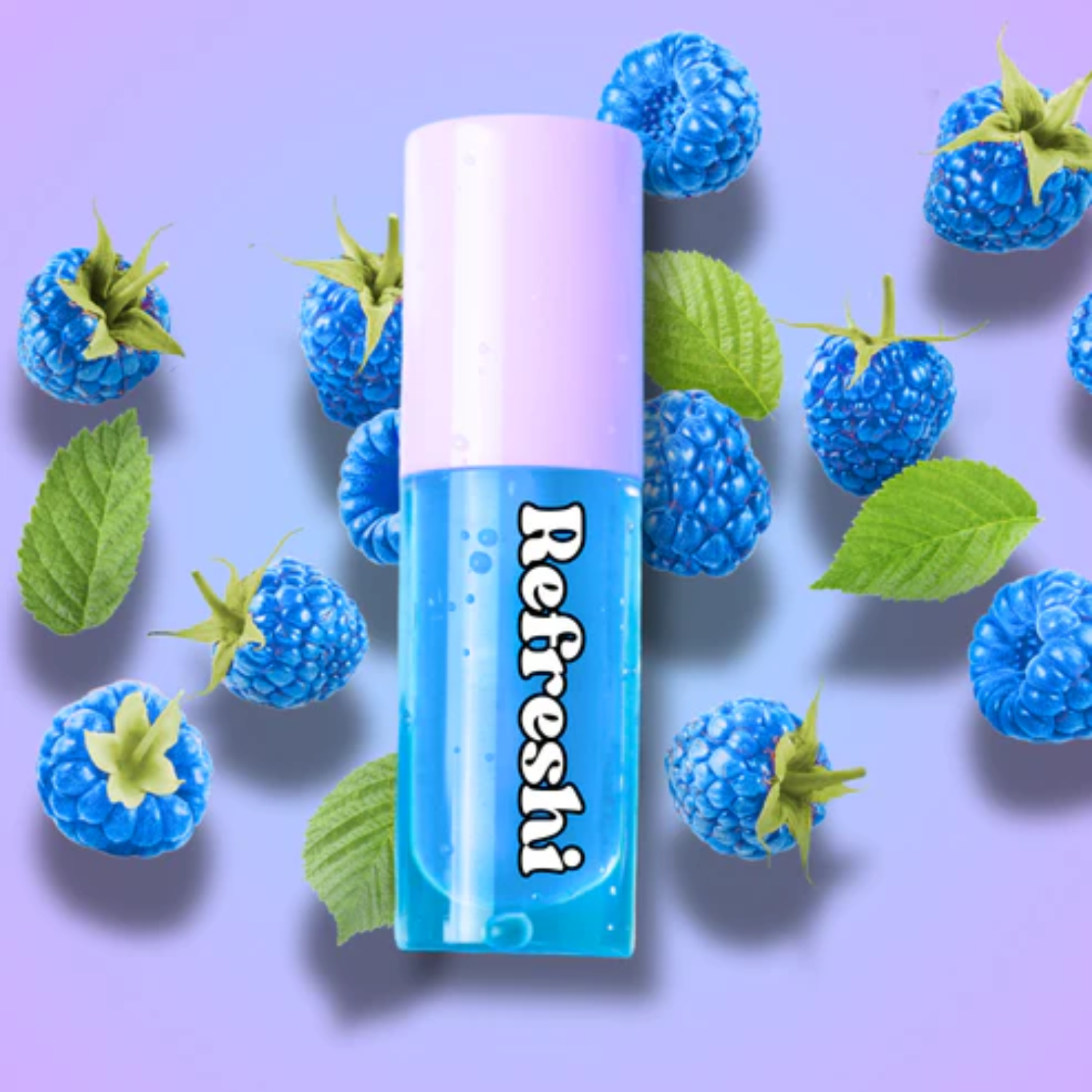 Tube d’huile à lèvres Framboise Bleue Refreshi sur fond bleu vif, fini glossy fruité

