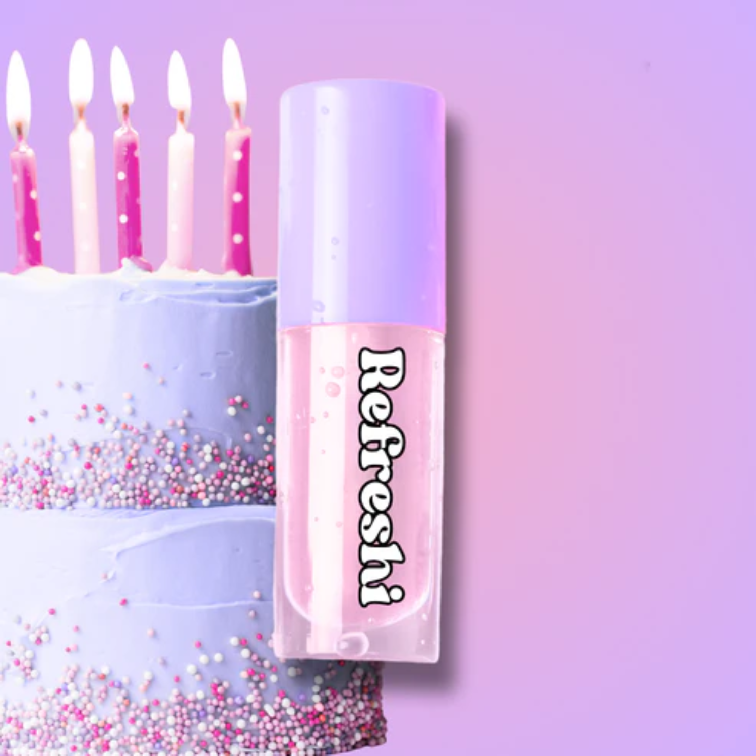 Tube d’huile à lèvres Gâteau d’anniversaire Refreshi, fini velouté gourmand et parfum vanillé

