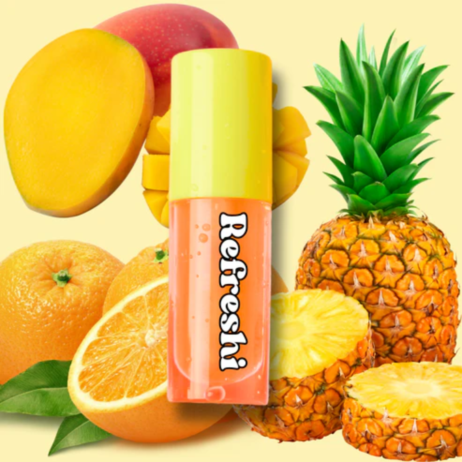 Tube d’huile à lèvres Refreshi Orange Mangue Anana sur fond tropical avec fruits exotiques

