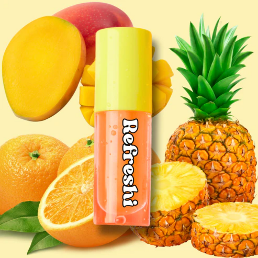 Tube d’huile à lèvres Refreshi Orange Mangue Anana sur fond tropical avec fruits exotiques


