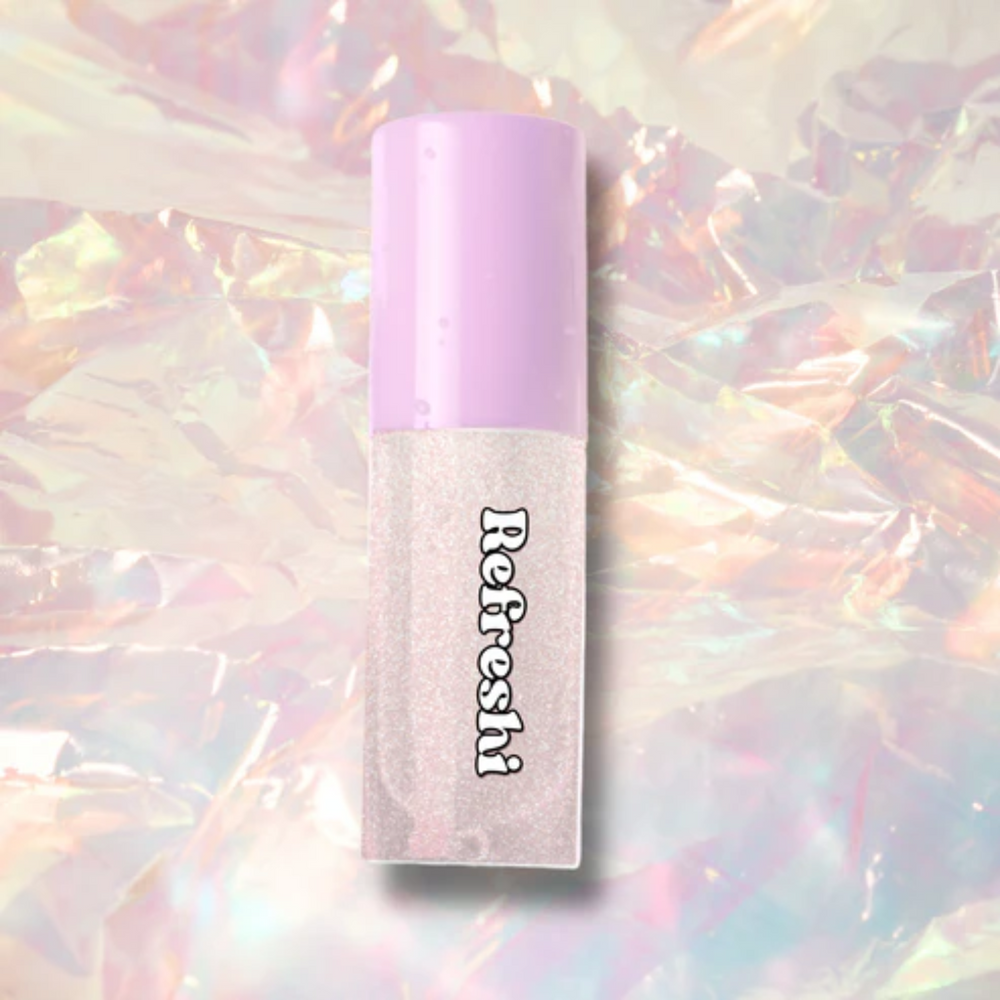 Tube d’huile à lèvres holographique Champagne Refreshi, fini brillant doré et texture nourrissante

