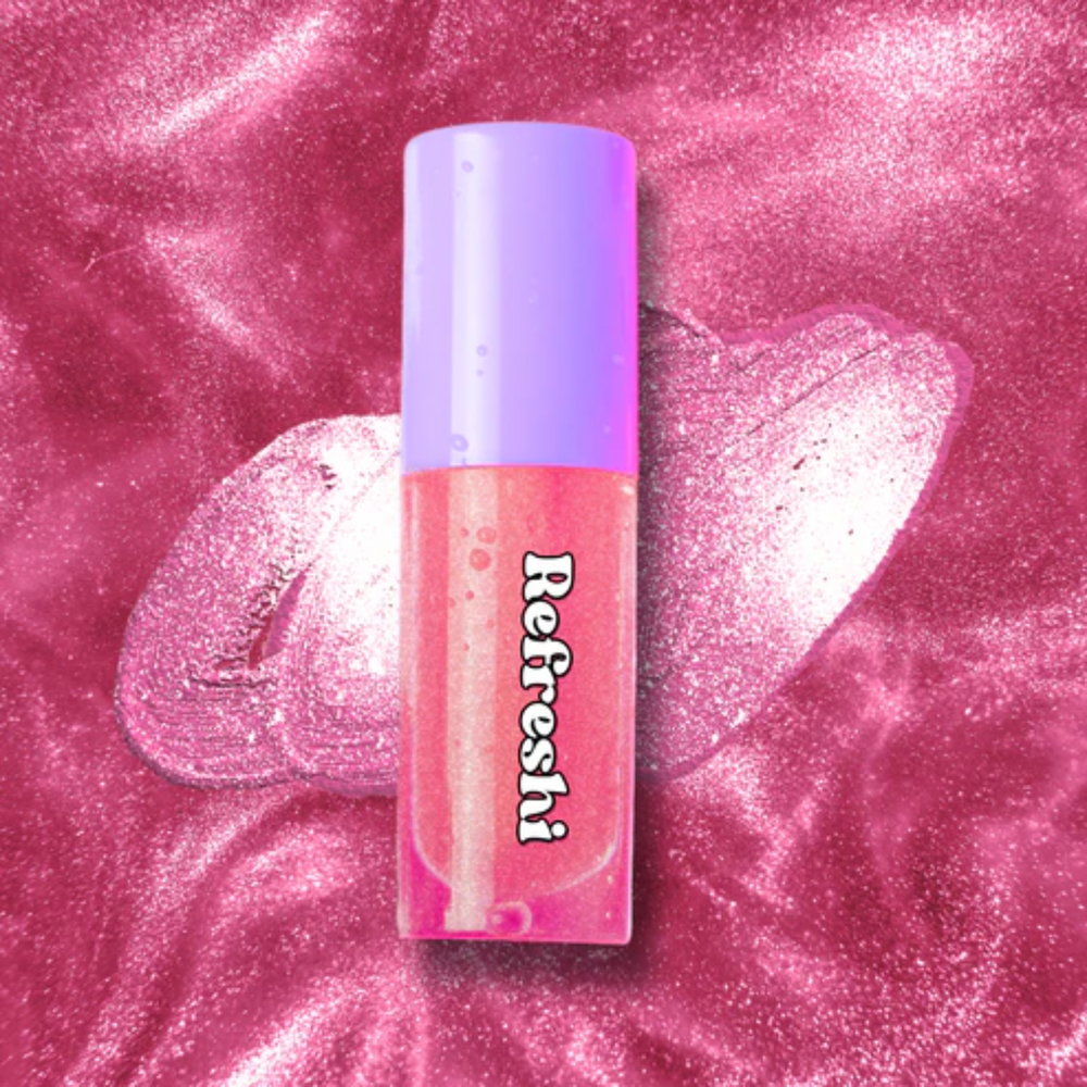 Tube d’huile à lèvres pailletée rose New Me Refreshi, fini brillant rose et paillettes lumineuses

