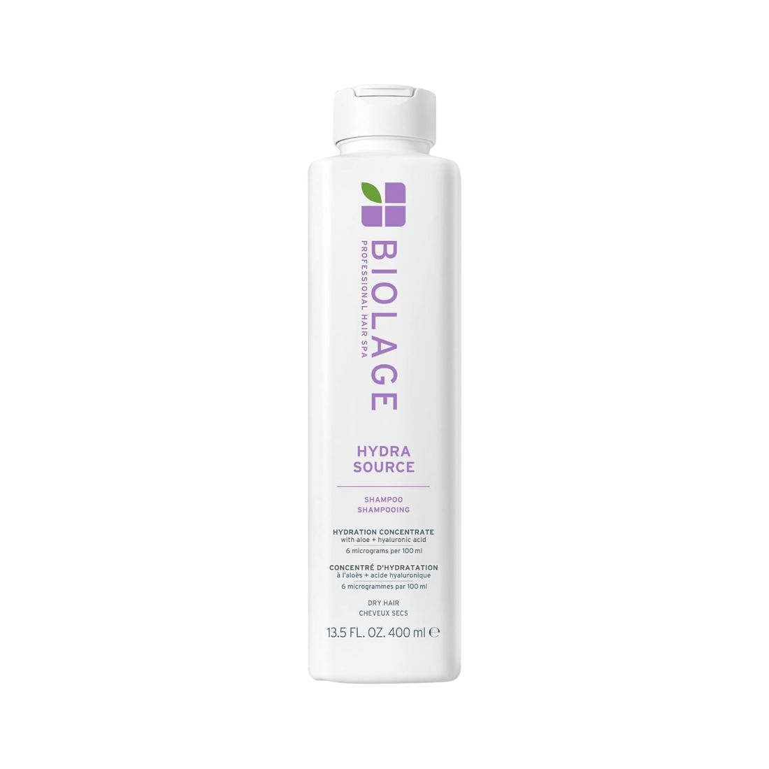 Flacon de shampooing Biolage Hydra Source avec aloe vera et acide hyaluronique, soin hydratant pour cheveux secs.