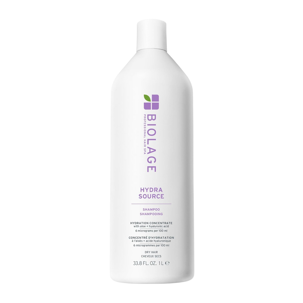 Flacon de shampooing Biolage Hydra Source avec aloe vera et acide hyaluronique, soin hydratant pour cheveux secs.