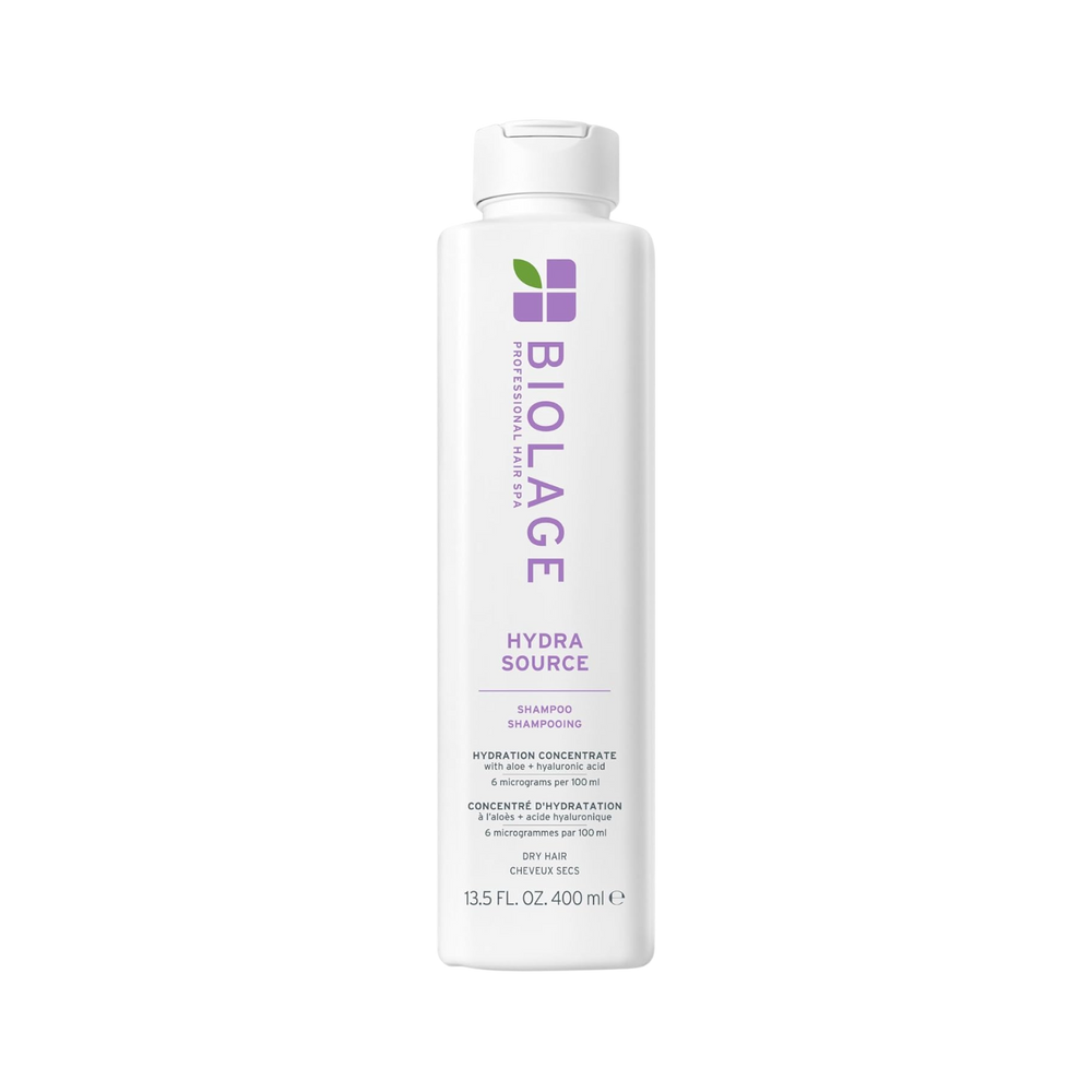 Flacon de shampooing Biolage Hydra Source avec aloe vera et acide hyaluronique, soin hydratant pour cheveux secs.