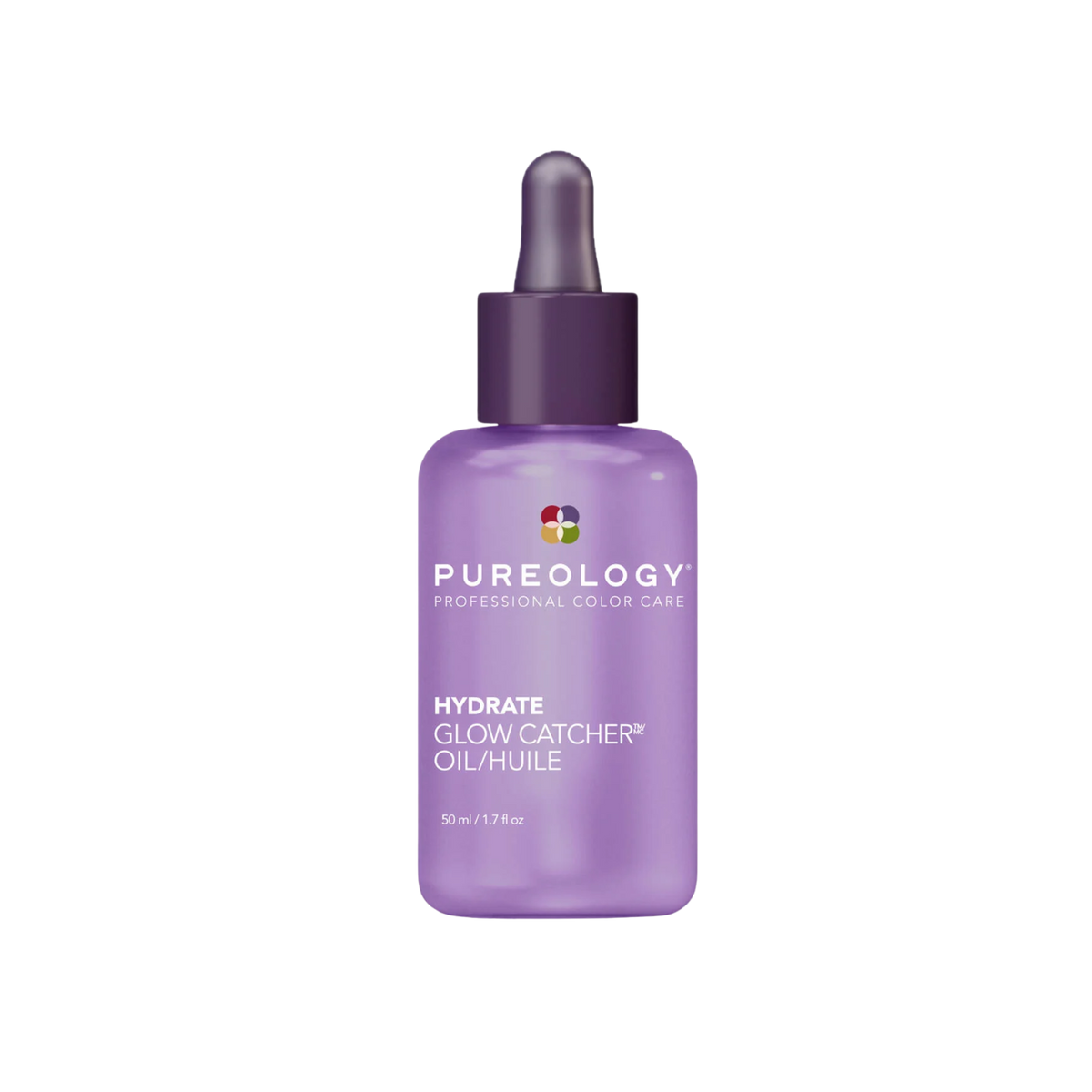 Flacon d’huile capillaire Pureology Hydrate Glow Catcher Oil posé sur une surface neutre.