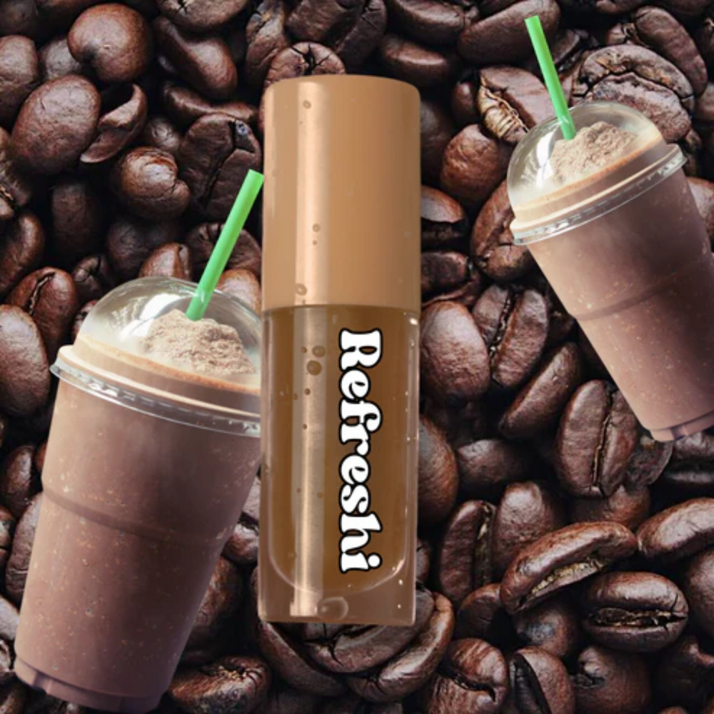 Flacon de 5 ml Iced Cappuccino Lip Oil avec bulles visibles, fini glossy, texture non collante, parfum cappuccino, formule nourrissante vegan

